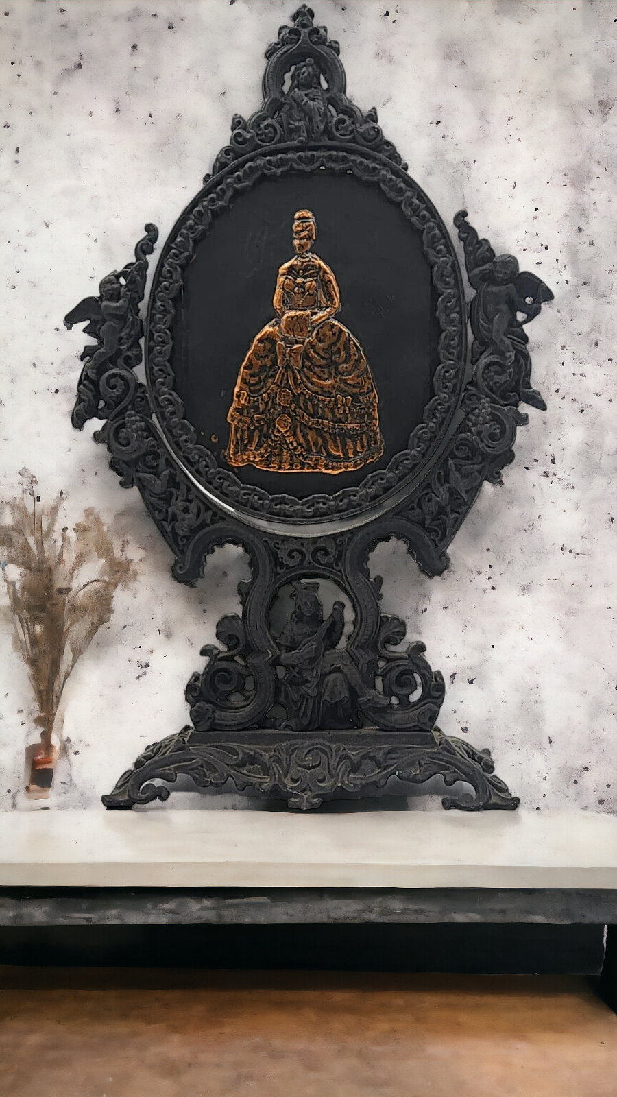 Antique Italian Rococo Cast Iron Gilt Vanity Mirror with Victorian Lady Picture - Thecosmicaccess