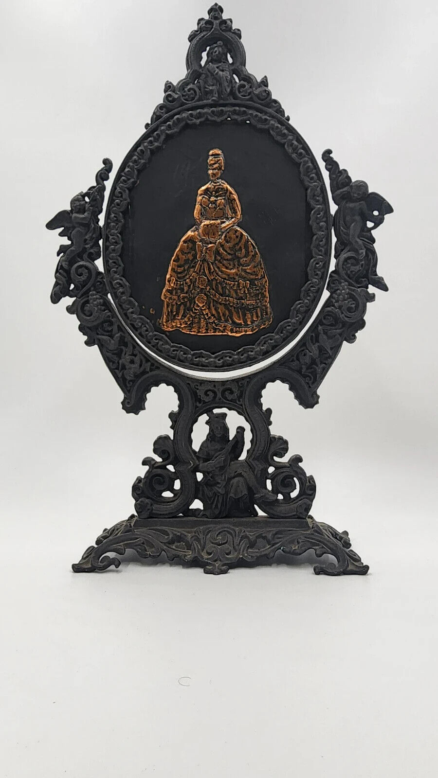 Antique Italian Rococo Cast Iron Gilt Vanity Mirror with Victorian Lady Picture - Thecosmicaccess