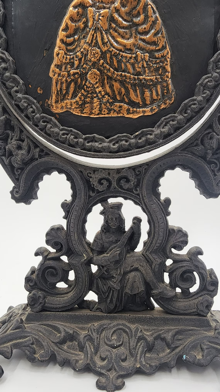 Antique Italian Rococo Cast Iron Gilt Vanity Mirror with Victorian Lady Picture - Thecosmicaccess