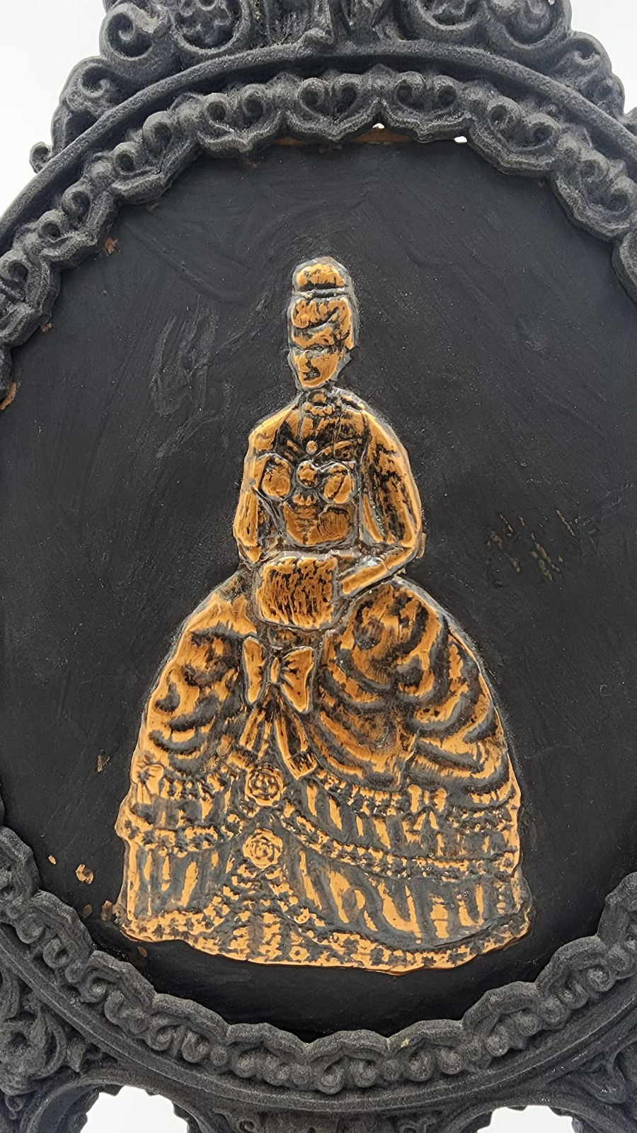 Antique Italian Rococo Cast Iron Gilt Vanity Mirror with Victorian Lady Picture - Thecosmicaccess