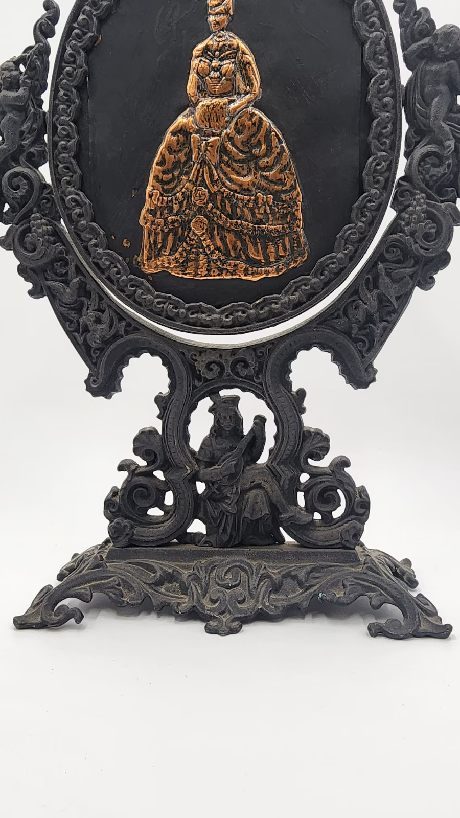 Antique Italian Rococo Cast Iron Gilt Vanity Mirror with Victorian Lady Picture - Thecosmicaccess