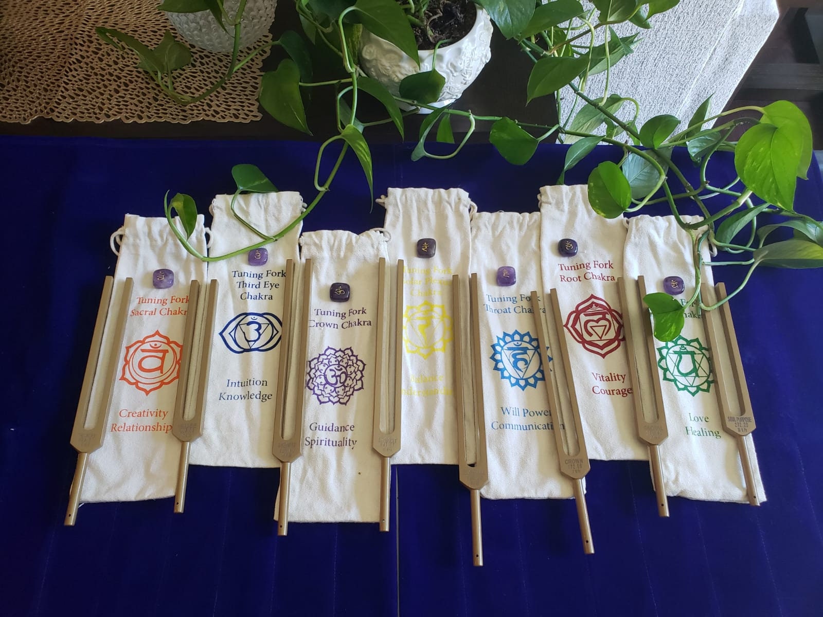 Chakra Gold Color Unweighted Tuning Fork Set with Individual Chakra Marked Bags and Mallet - Thecosmicaccess
