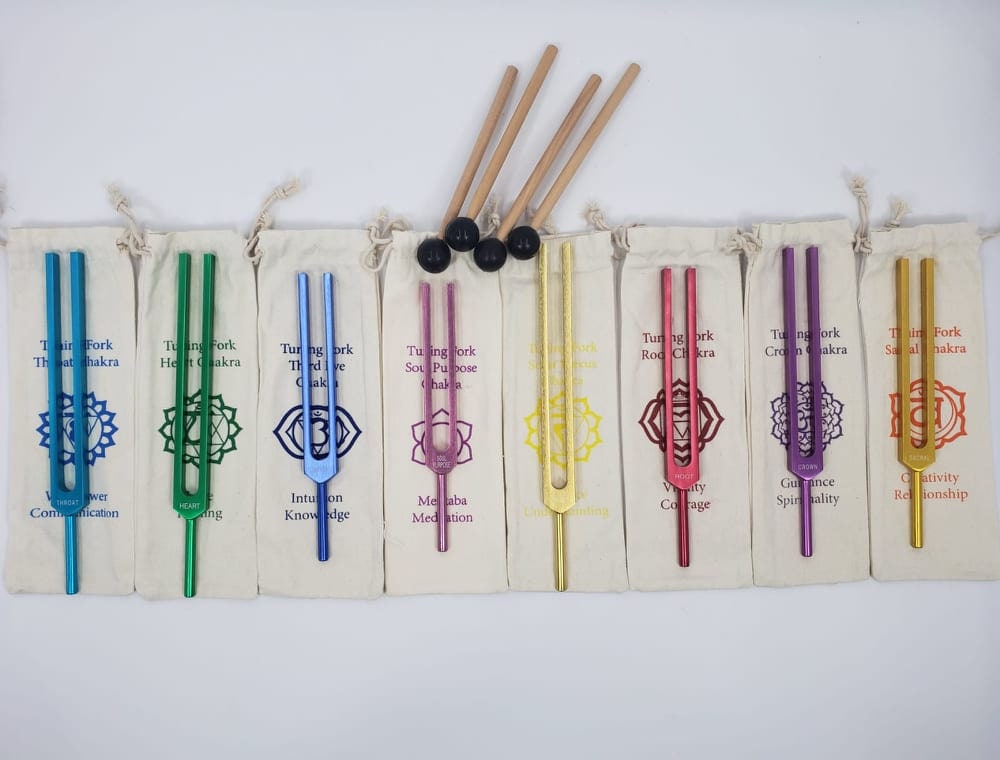 UNWEIGHTED COLOR Healing Chakra Tuning Fork Set of 8 with INDIVIDUALLY Marked Chakra Sign Bags and 4 Mallets Includes Soul Purpose - Thecosmicaccess