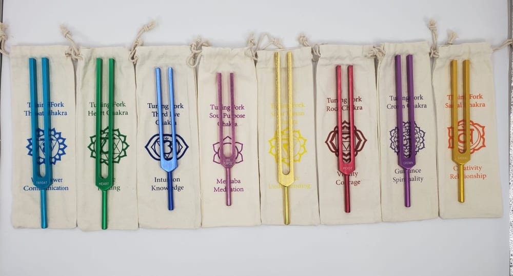 UNWEIGHTED COLOR Healing Chakra Tuning Fork Set of 8 with INDIVIDUALLY Marked Chakra Sign Bags and 4 Mallets Includes Soul Purpose - Thecosmicaccess