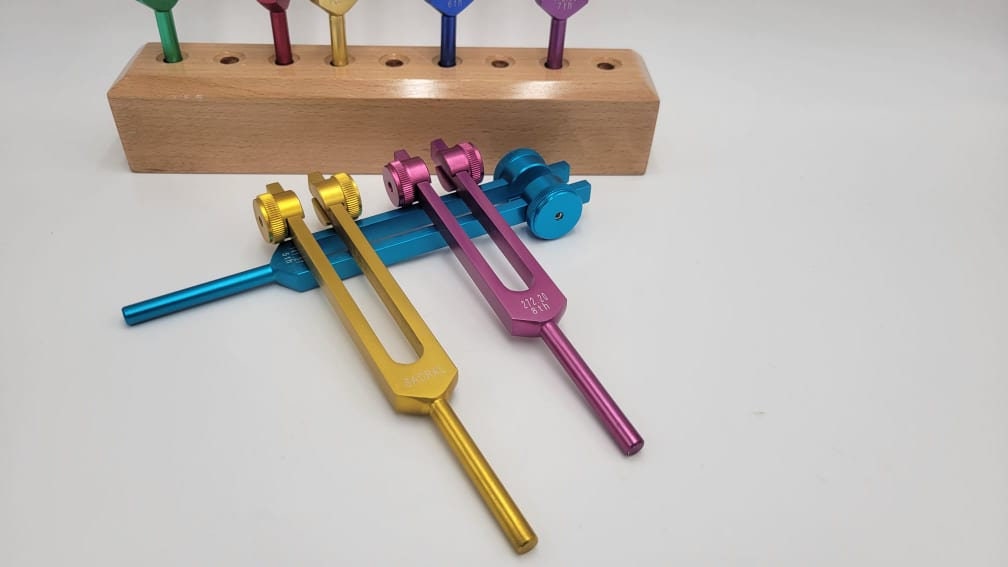 Chakra Set of 8 COLOR WEIGHTED Tuning forks with Solid Wood Tuning Forks Holder a Bag and 4 Strikers - Thecosmicaccess