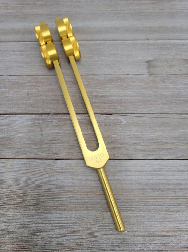 Gold Finish 64Hz Weighted Otto Tuning Fork with Mallet and Storage bag - Thecosmicaccess
