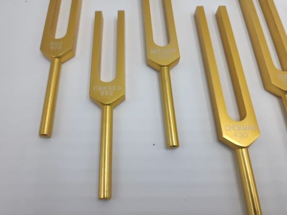 Gold Color Kabbalah Tree of Life Sephiroth 12 Set Unweighted Tuning Forks with Mallet and Velvet Bag - Thecosmicaccess