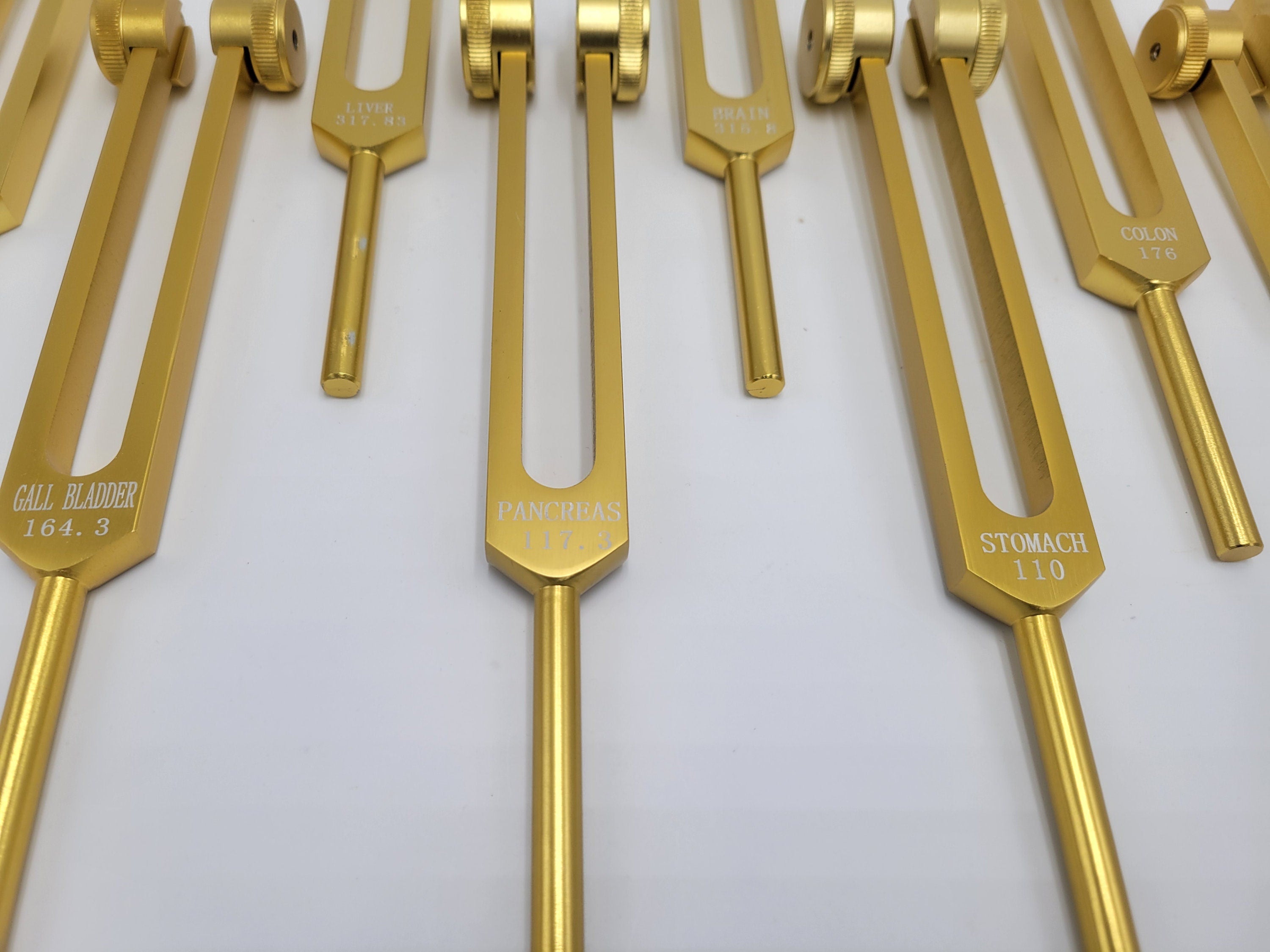 Gold Color Weighted Human Organ Set of 15 Tuning Forks with Striker Mallet and Velvet Bag - Thecosmicaccess