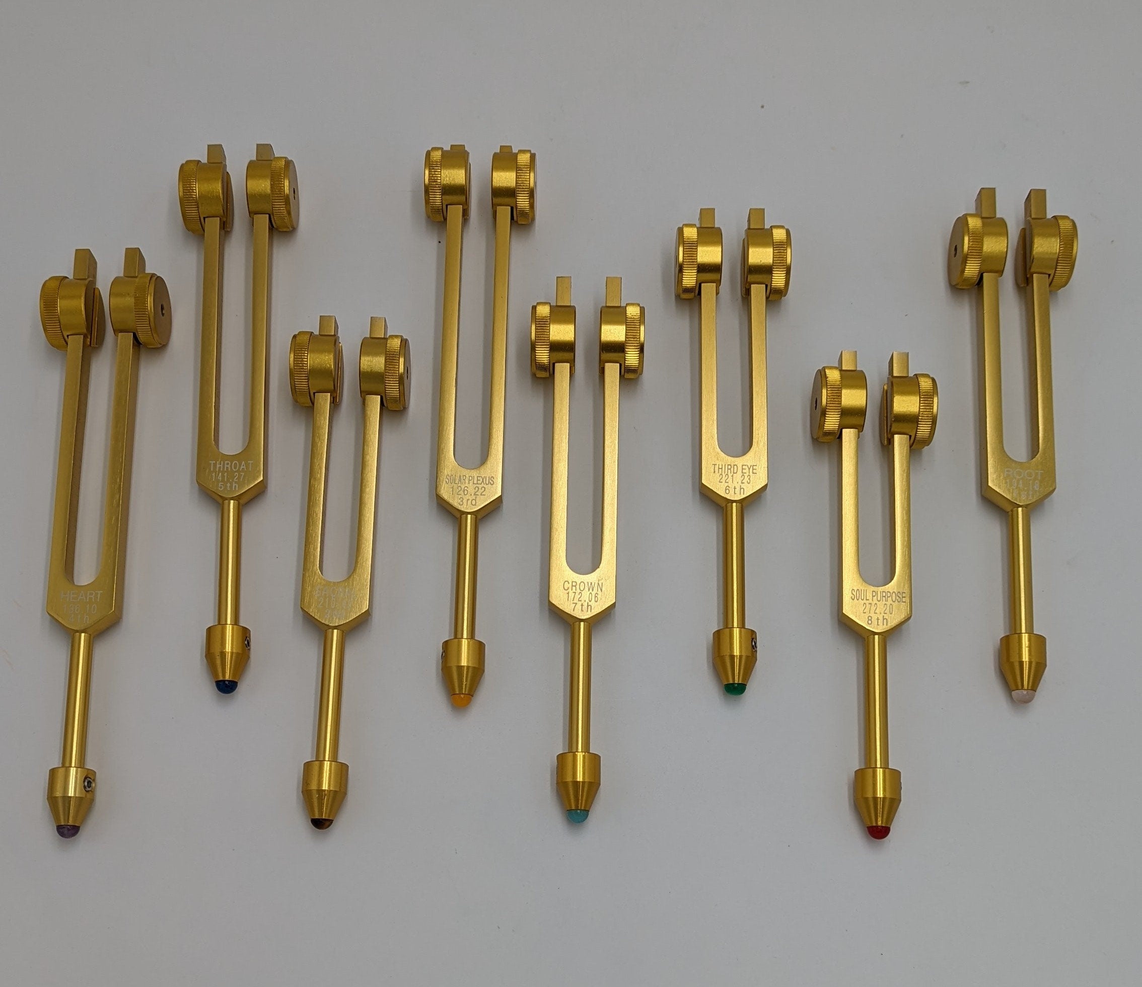 Chakra Gold Weighted Tuning Fork Set of 8 for Healing with 8 GEM AMPLITUDES and Striker/Mallet Includes Soul Purpose - Thecosmicaccess