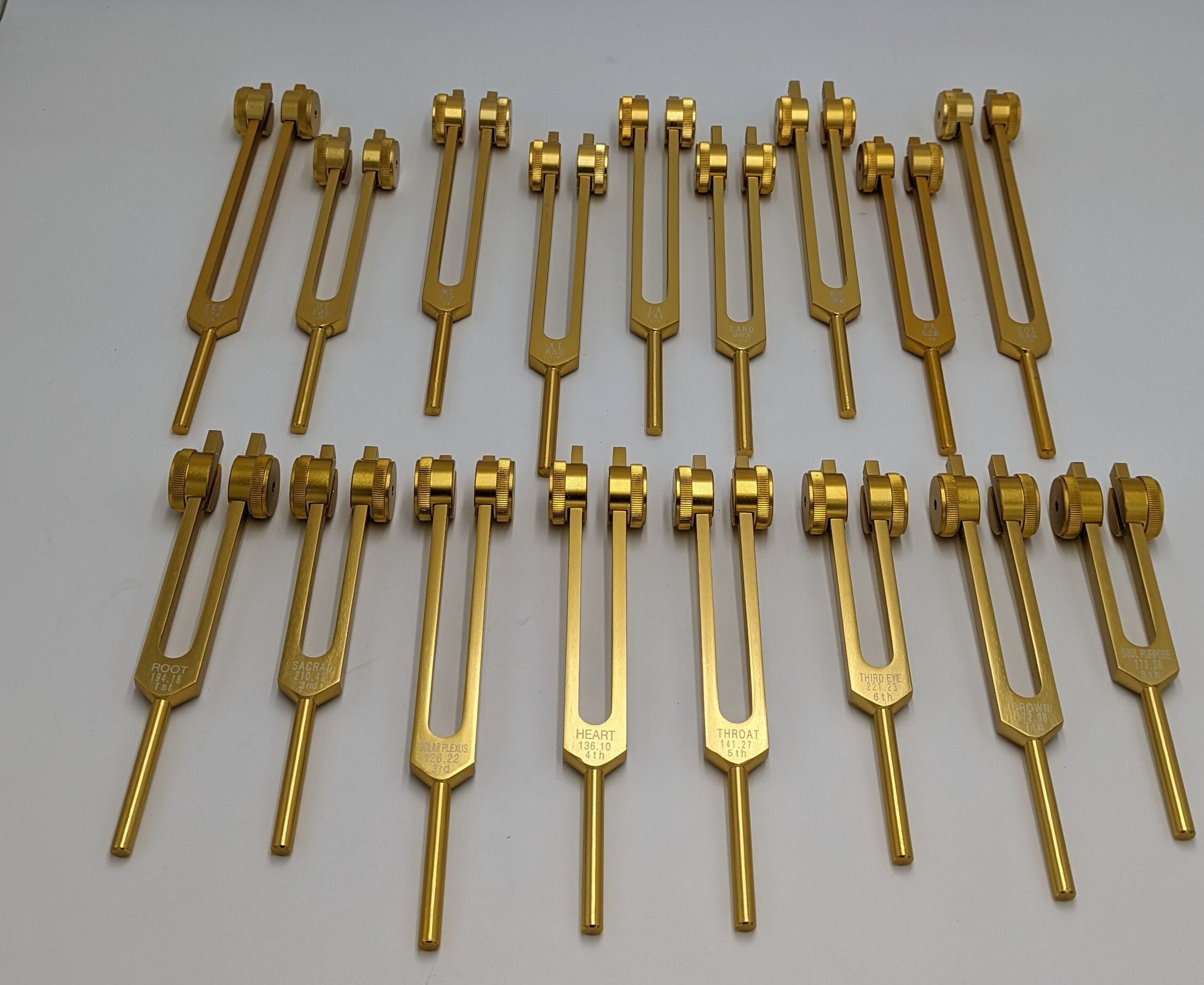 18 Set Sacred 9 Solfeggio and 9 Chakra Bundle Gold Weighted Tuning Fork Set Tuned to .25 Hz for Sound Healing Meditation Yoga - Thecosmicaccess