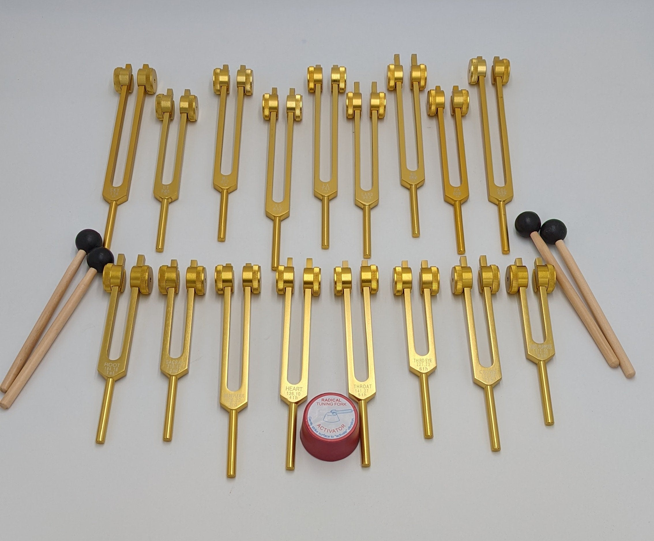 18 Set Sacred 9 Solfeggio and 9 Chakra Bundle Gold Weighted Tuning Fork Set Tuned to .25 Hz for Sound Healing Meditation Yoga - Thecosmicaccess