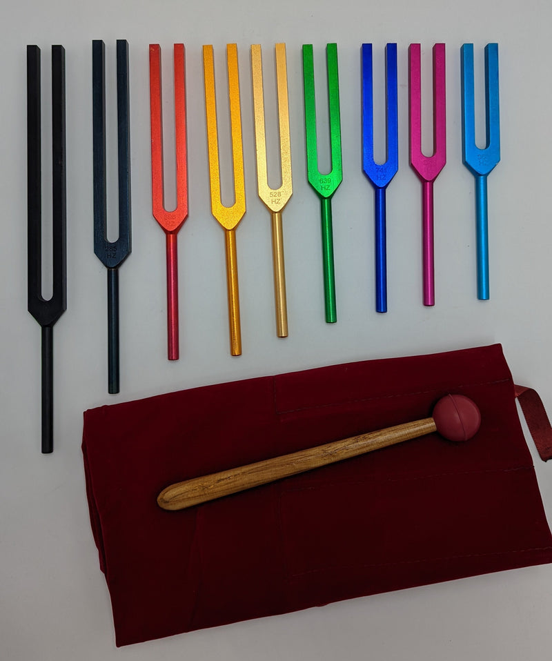 Color Unweighted Solfeggio Tuning Forks Set of 9 with Mallet and Velvet Bag - Thecosmicaccess