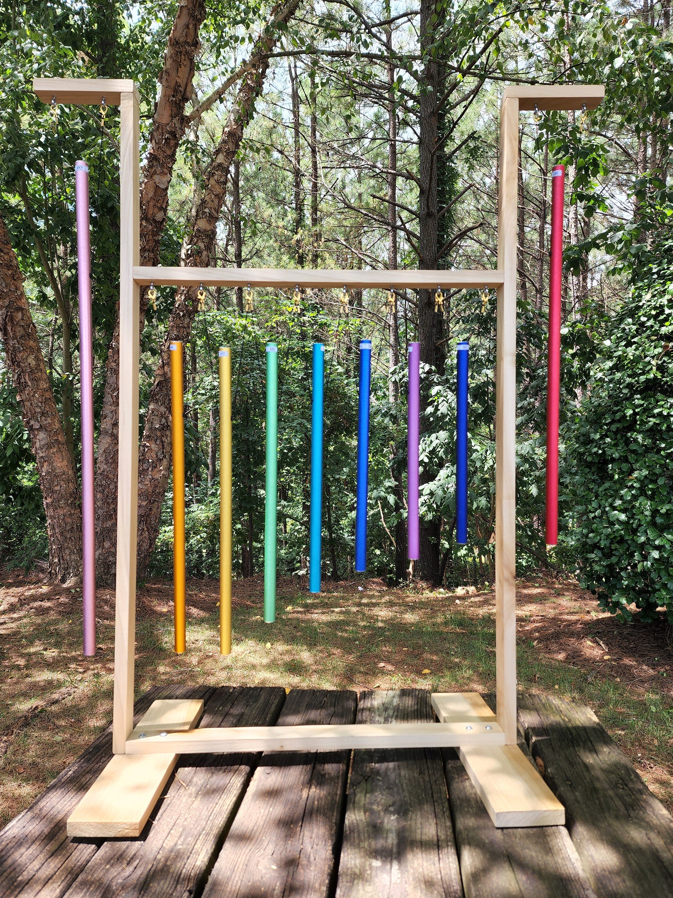 9 Color Sacred Solfeggio Healing Tuned Pipes Louder Than Tuning Fork with Large Wood Stand 9 Mallets and Individual Hand Held Wood Sticks - Thecosmicaccess
