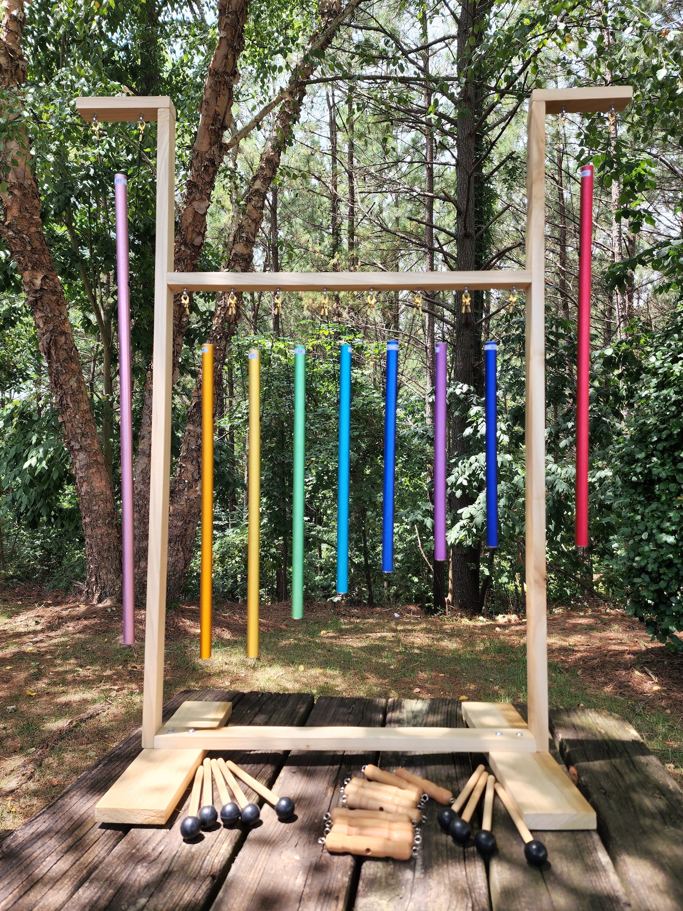 9 Color Sacred Solfeggio Healing Tuned Pipes Louder Than Tuning Fork with Large Wood Stand 9 Mallets and Individual Hand Held Wood Sticks - Thecosmicaccess