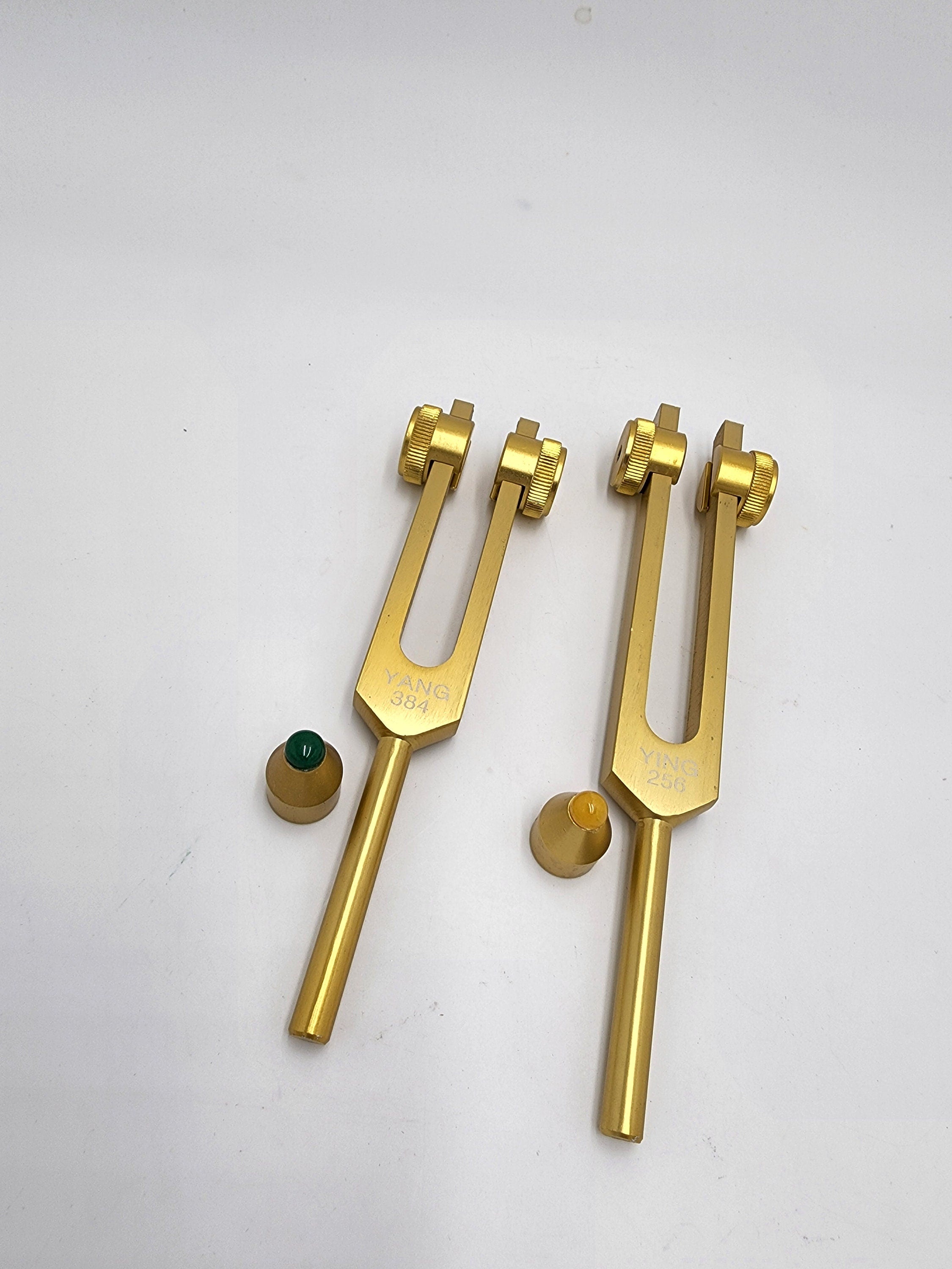 Professionally Tuned Fifth Harmonic WEIGHTED Gold Color Yin Yang Tuning Tune Fork Set C 256 G 384 with Removable Gem Feet and Storage Bag - Thecosmicaccess
