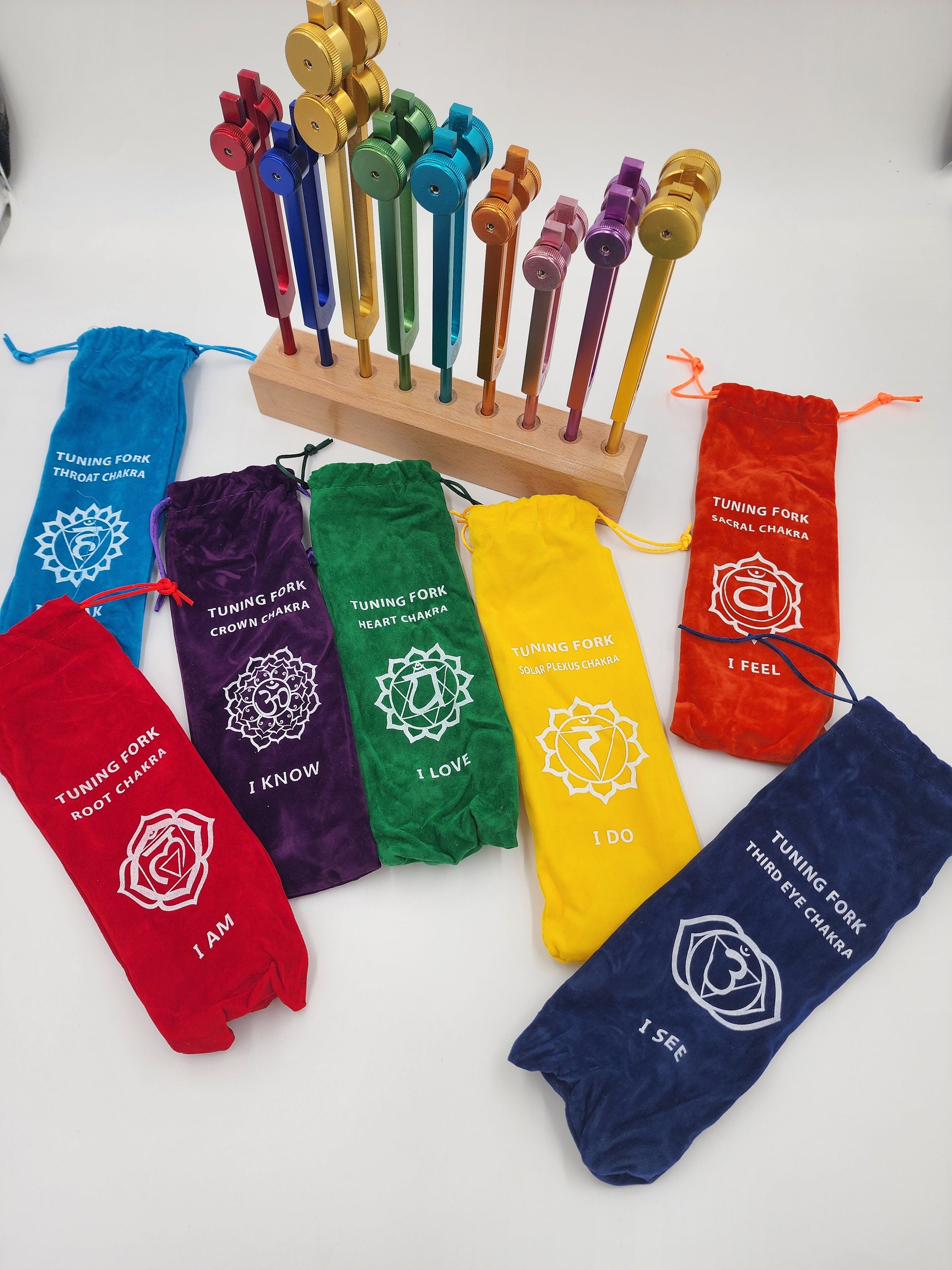 Color Weighted Chakra Tuning Fork Set of 9/8 with Heavy Duty Wooden Display Stand 8 Strikers and Individual Color Coded Sign Bags - Thecosmicaccess